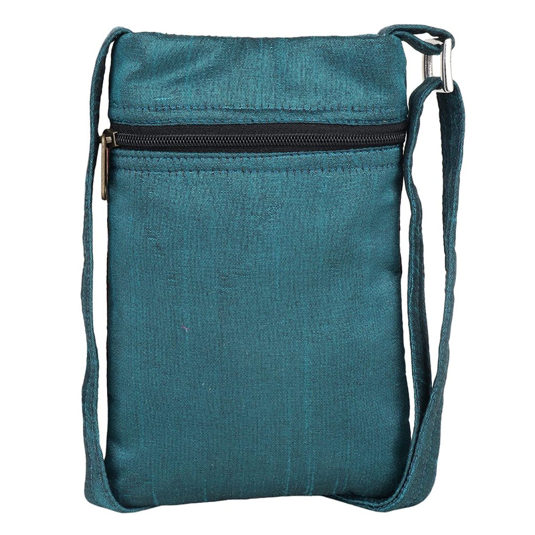 INDHA Women’s Dupion Silk Teal Green Colour Kathakali Face Hand Embroidered Mobile Pouch | Fashion Accessory | Travel Utility