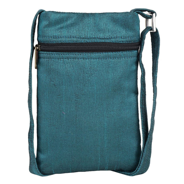 INDHA Women’s Dupion Silk Teal Green Colour Kathakali Face Hand Embroidered Mobile Pouch | Fashion Accessory | Travel Utility