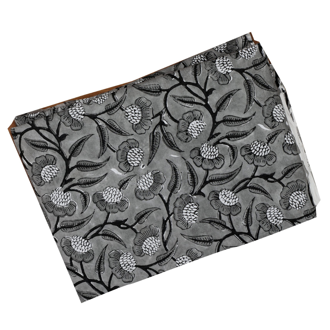 INDHA Hand Block-Printed Cotton Fabric | Black And White Flower Design Motif Grey Cotton Fabric | Hand Block Printed Fabric | Fashion Utility | Gifting | Gifts For Him | Gifts For Her | Home Furnishing | Jaipuri Block Print Fabric