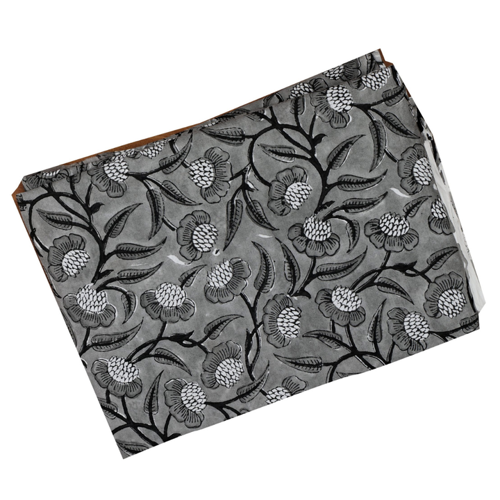 INDHA Hand Block-Printed Cotton Fabric | Black And White Flower Design Motif Grey Cotton Fabric | Hand Block Printed Fabric | Fashion Utility | Gifting | Gifts For Him | Gifts For Her | Home Furnishing | Jaipuri Block Print Fabric