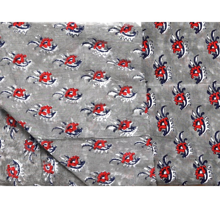 INDHA Hand Block-Printed Cotton Fabric |Multicolor Floral Design Motif Grey Cotton Fabric | Hand Block Printed Fabric | Home Utility | Fashion Utility | Gifting | Gifts For Him | Gifts For Her | Home Furnishing | Jaipuri Block Print Fabric