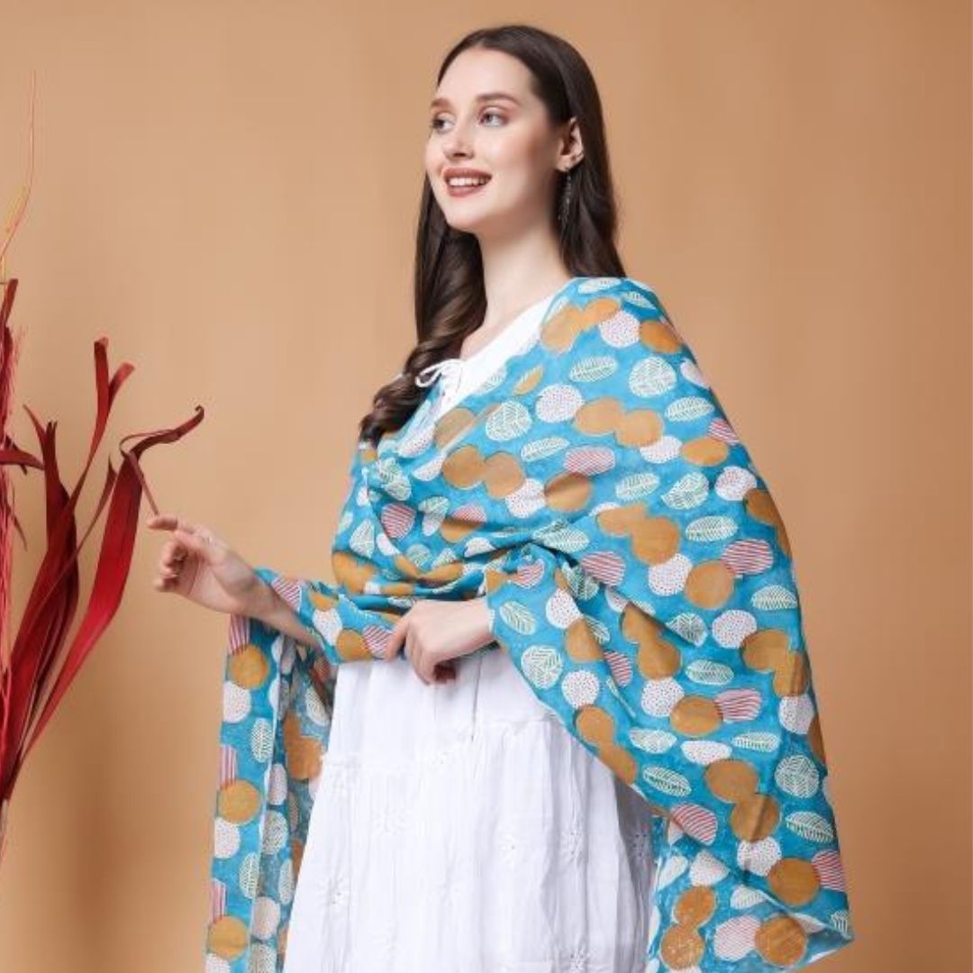 INDHA Hand Block Printed Cotton Stole Blue | Hand Block Printed Multicolor Abstract Geometric Design Pattern | Hand Block Printed Stole | Stoles For Women | Traditional Stoles | Gifting | Fashion Wear | Indo Western Stole | Fashion Accessory