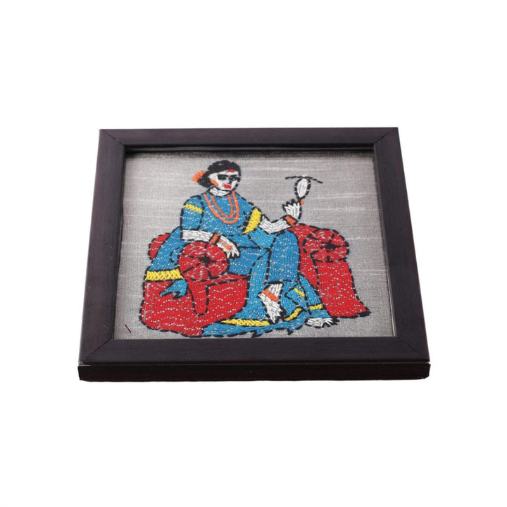 INDHA Coaster Set of 2 with Hand-embroidered Royal Meenakumari Motif | Wooden Glass | Exquisite Design | Gift Piece | Home Décor