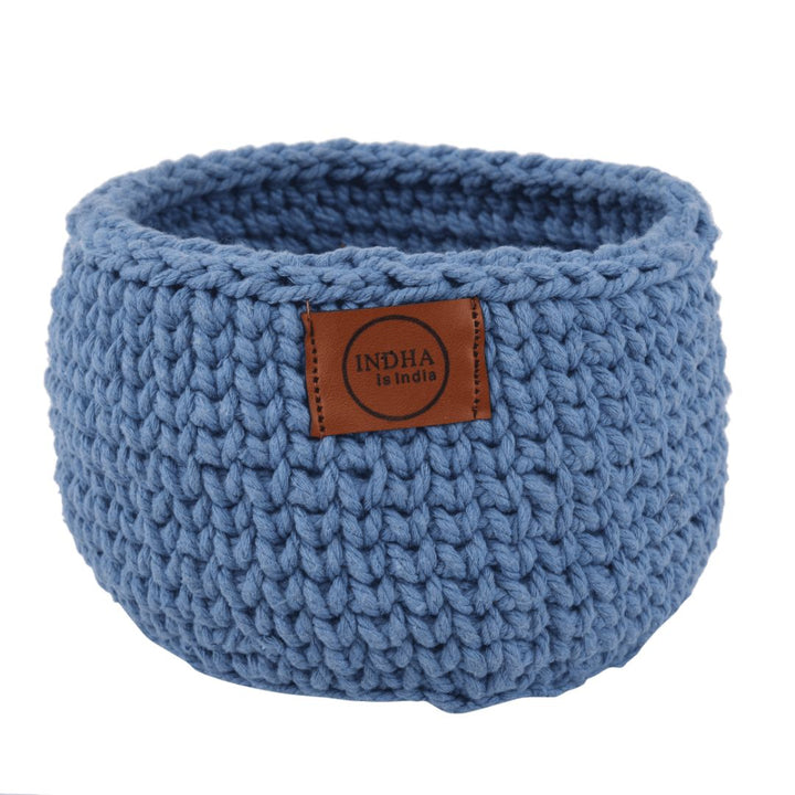 Indha Handcrafted Basket | Hand Knitted Basket | Cotton Rope Basket | Blue Cotton Basket | Owl Design Basket | Eco-Friendly | Storage Basket | Multi Purpose Basket |