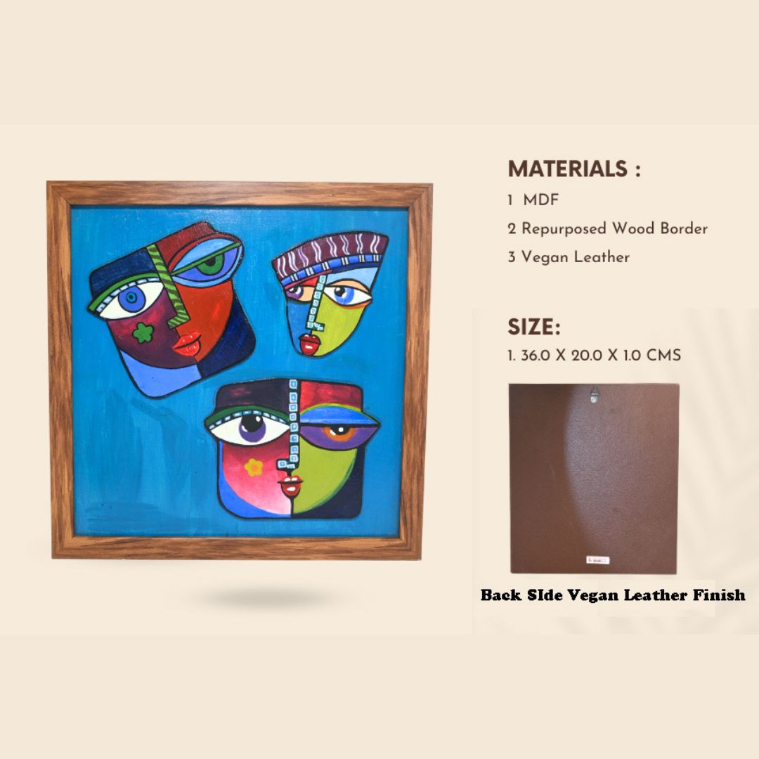 Indha Hand painted Abstract Faces Wall Art | Multicolour Décor with Repurposed Wood Frame &amp; Vegan Leather Back | Artistic Wall Accent Wood Applique