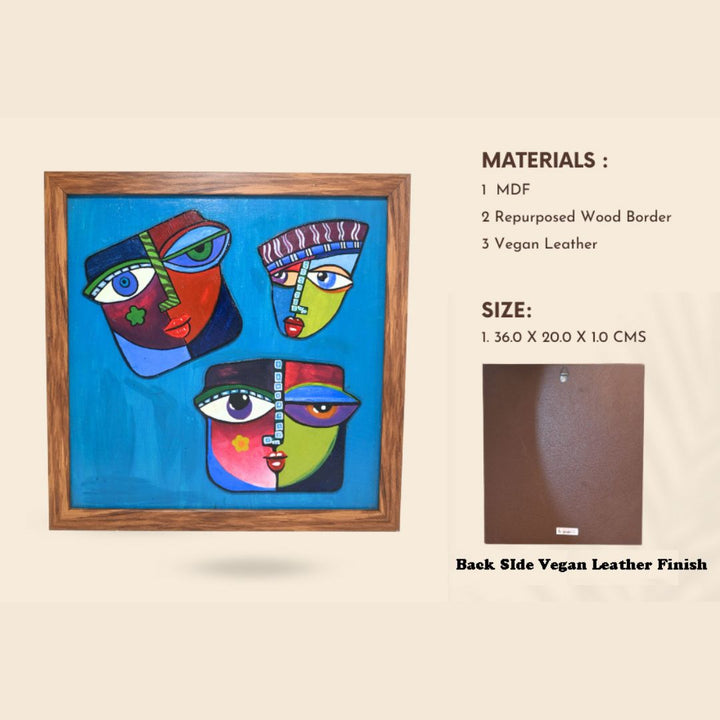 Indha Hand painted Abstract Faces Wall Art | Multicolour Décor with Repurposed Wood Frame &amp; Vegan Leather Back | Artistic Wall Accent Wood Applique