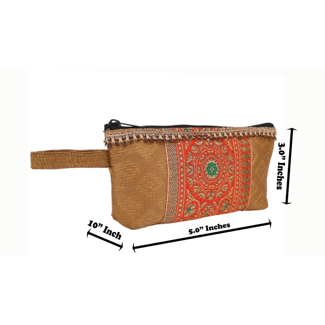 Indha Golden Brocade Utility Pouch with Embroidered Panel | Handcrafted Multipurpose Travel Organizer | Sustainable & Stylish Gifting Idea
