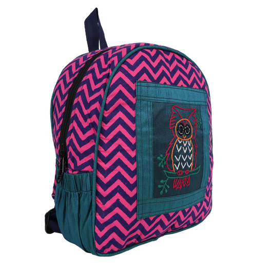 INDHA Kids Backpack Bag | Handcrafted Backpack Bag | Pink Cotton Kids Backpack Bag | Hand Block Printed Zig-Zag Design Pattern | Teal Green Dupion Silk |
