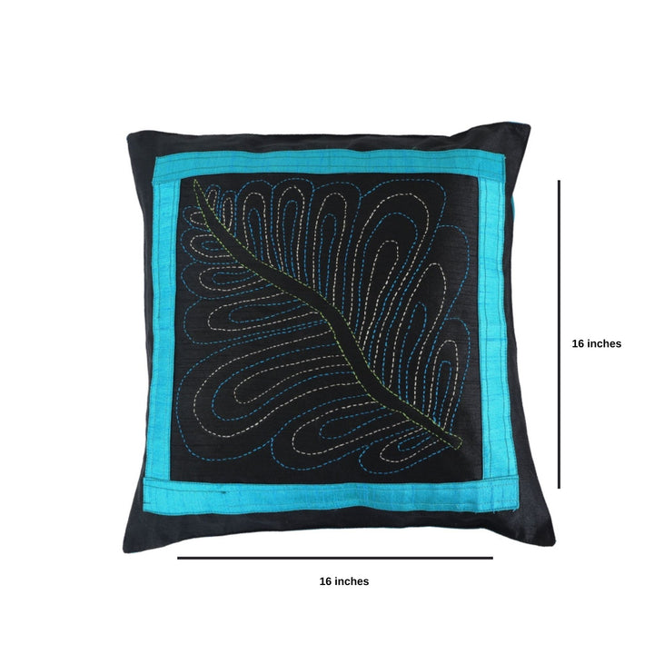 INDHA Cushion Cover Set of 2 with Kantha-Embroidery | Embroidered Cushion Cover 16.0 X 16.0 Inches | Exquisite Leaf Hand -Embroidered Silk | Wedding | Corporate Gift