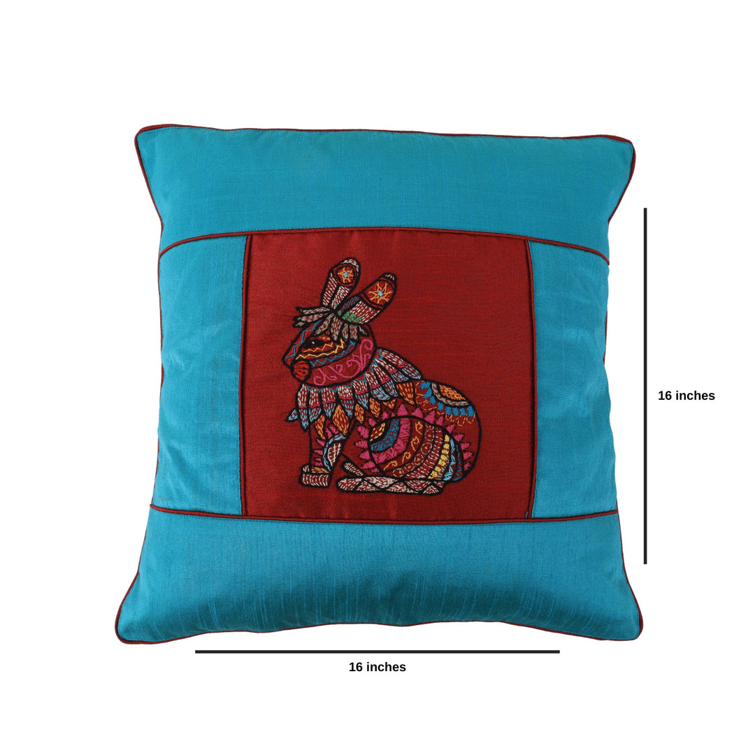 INDHA Cushion Cover | Sky Blue And Maroon Dupion Silk Cushion Cover | Hand Embroidered Chain Stitch And Kantha Work Multicolor Rabbit Design | Hand Embroidered Cushion Cover