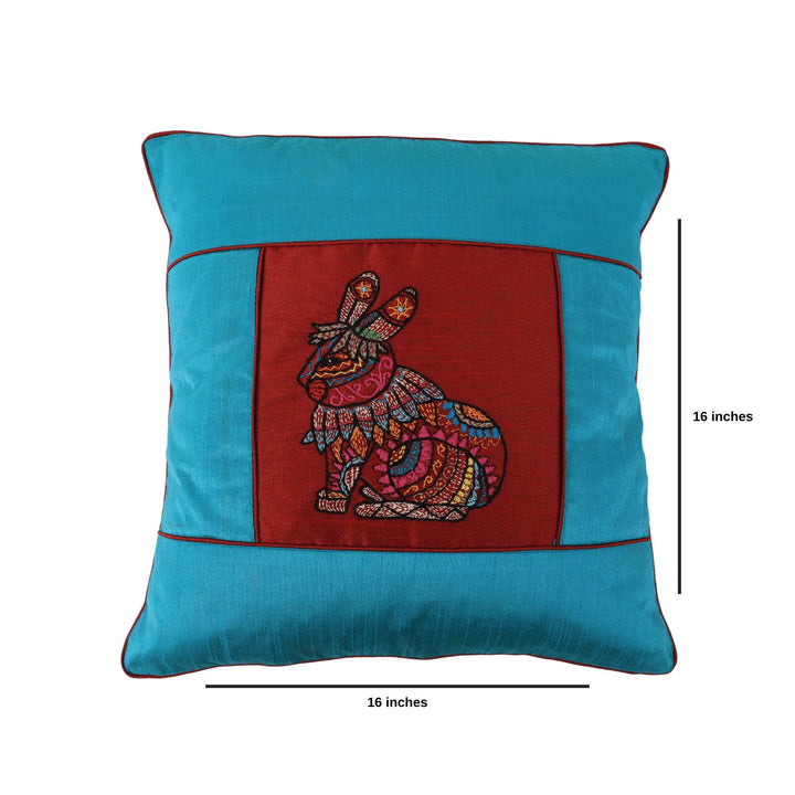 INDHA Cushion Cover | Sky Blue And Maroon Dupion Silk Cushion Cover | Hand Embroidered Chain Stitch And Kantha Work Multicolor Rabbit Design | Hand Embroidered Cushion Cover