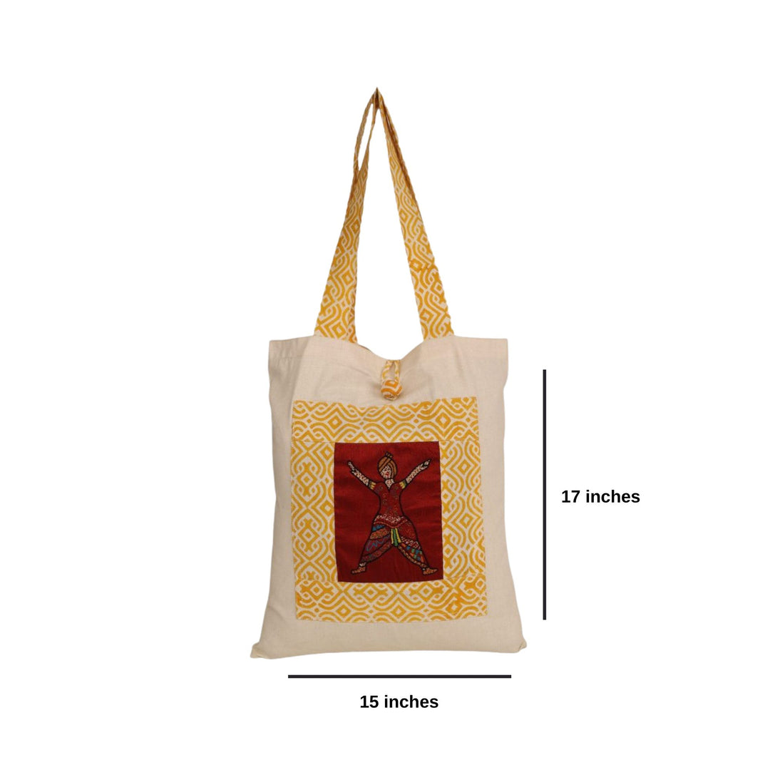 Indha Tote Bag with Bhangra Dance Motif Embroidery| Hand Block Printed Natural Cotton Shopping Bag | Eco-Friendly Handcrafted Tote | Single Compartment with Small Pocket | Button Closure | Vibrant and Spacious Bag |