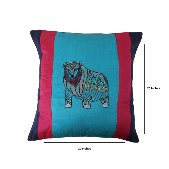 INDHA Cushion Cover | Blue, Pink, and Navy Blue Dupion Silk Cushion Cover | Hand Embroidered Chain Stitch and Kantha Work Multicolor Jungle-Bear Design | Hand Embroidered Cushion Cover |
