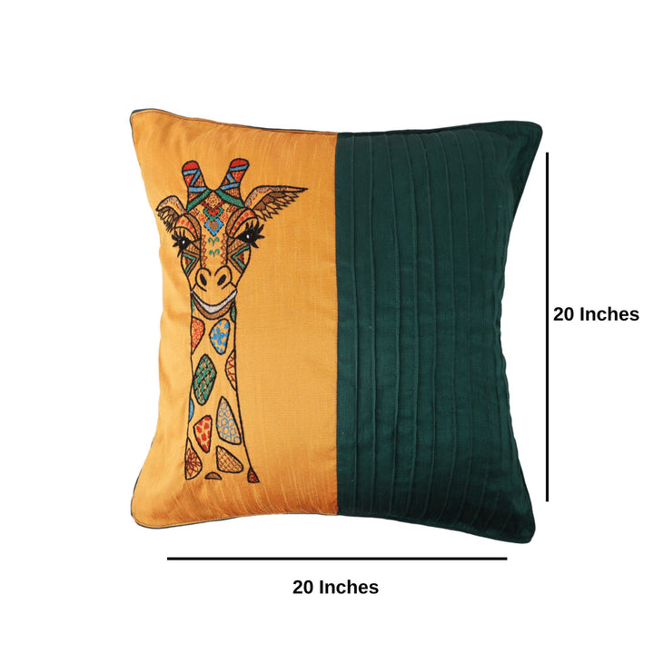 INDHA 20.0 X 20.0 Inches Embroidered Cushion Cover | Teal Green and Golden Yellow Dupion Silk Cushion Cover | Hand Embroidered Chain Stitch And Kantha Work Multicolor Giraffe Face Design|
