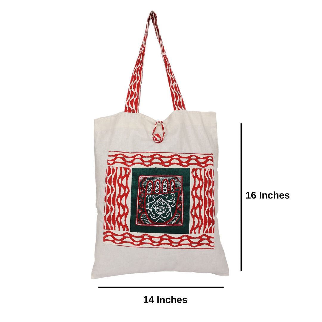 INDHA Hand Of Fatima Chain Stitch Hand Embroidered And Block Printed Multipurpose Cotton White Tote Bag | Hand Block Printed Bag | Eco-Friendly | Gifting | Corporate Gifting | Shopping Bag | Laptop Carry Bag | Traditional Tote Bag |