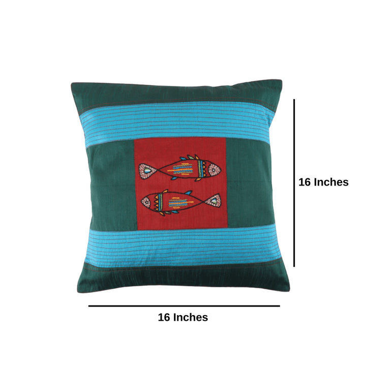Indha Hand Embroidered Cushion Cover Fishes-Embroidery | Dupion Silk Cushion Cover |  Corporate Gifting | Home Furnishing | Home Improvement | Home Decor | Set of 2,16x16 Inches Cushion Cover