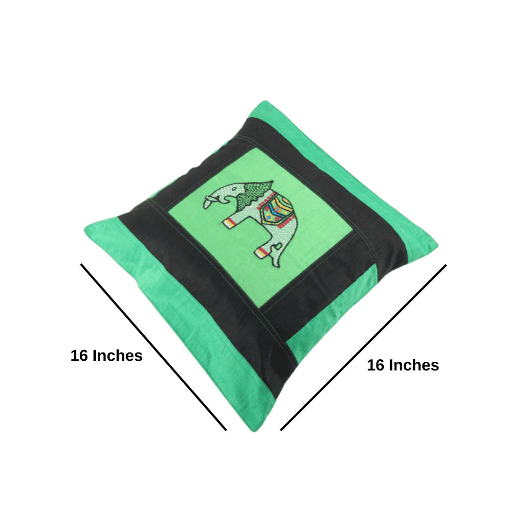 Indha Hand Embroidered Cushion Cover Elephant-Embroidery | Dupion Silk Cushion Cover |  Corporate Gifting | Home Furnishing | Home Improvement | Home Decor | Set of 2,16x16 Inches Cushion Cover