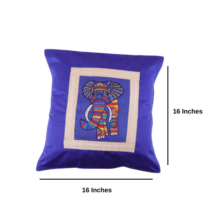 Indha Hand Embroidered Cushion Cover Elephant Embroidery | Dupion Silk Cushion Cover |  Corporate Gifting | Home Furnishing | Home Improvement | Home Decor | Set of 2,16x16 Inches Cushion Cover