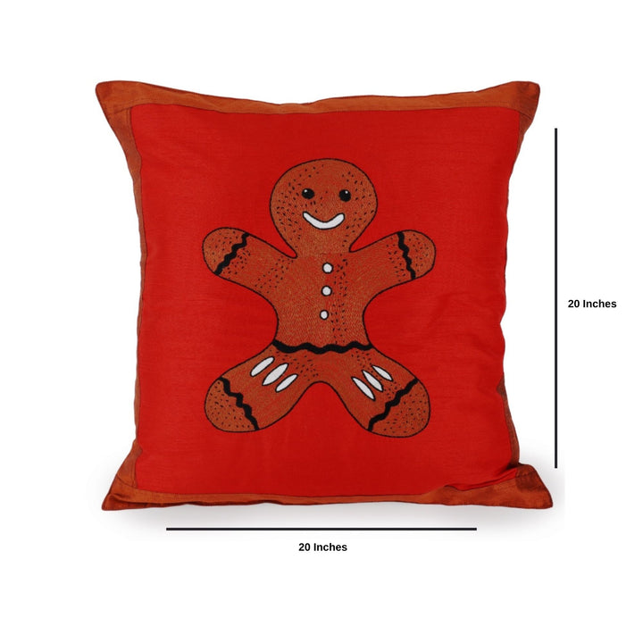 INDHA Cushion Cover with Hand-embroidered Gingerbread man Motif | Red and Brown Dupion Silk | 20.0 x 20.0 Inches Cushion Cover | Throw Cushion Cover |