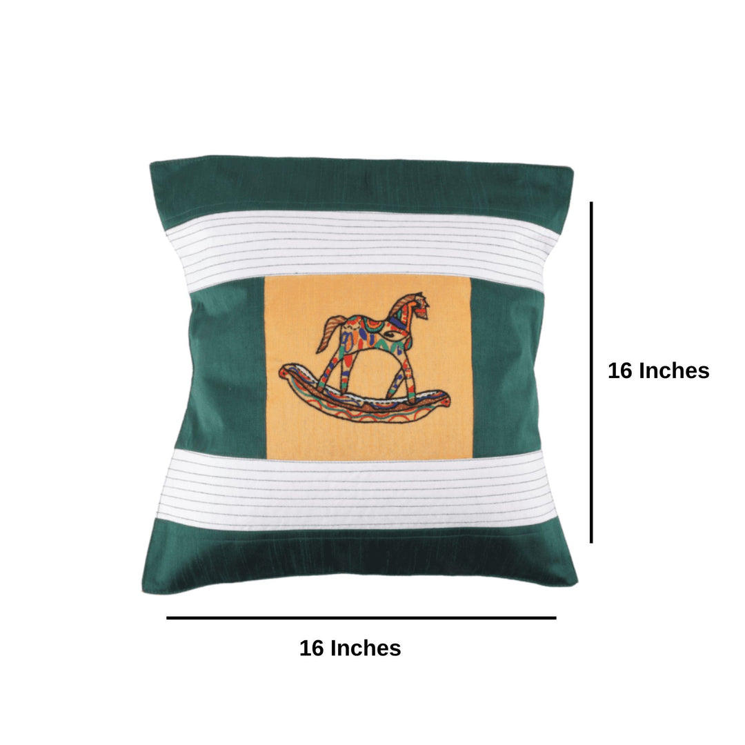 Indha Hand Embroidered Cushion Cover Horse Embroidery | Dupion Silk Cushion Cover |  Corporate Gifting | Home Furnishing | Home Improvement | Home Decor | Set of 2,16x16 Inches Cushion Cover