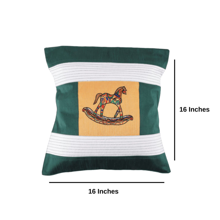 Indha Hand Embroidered Cushion Cover Horse Embroidery | Dupion Silk Cushion Cover |  Corporate Gifting | Home Furnishing | Home Improvement | Home Decor | Set of 2,16x16 Inches Cushion Cover
