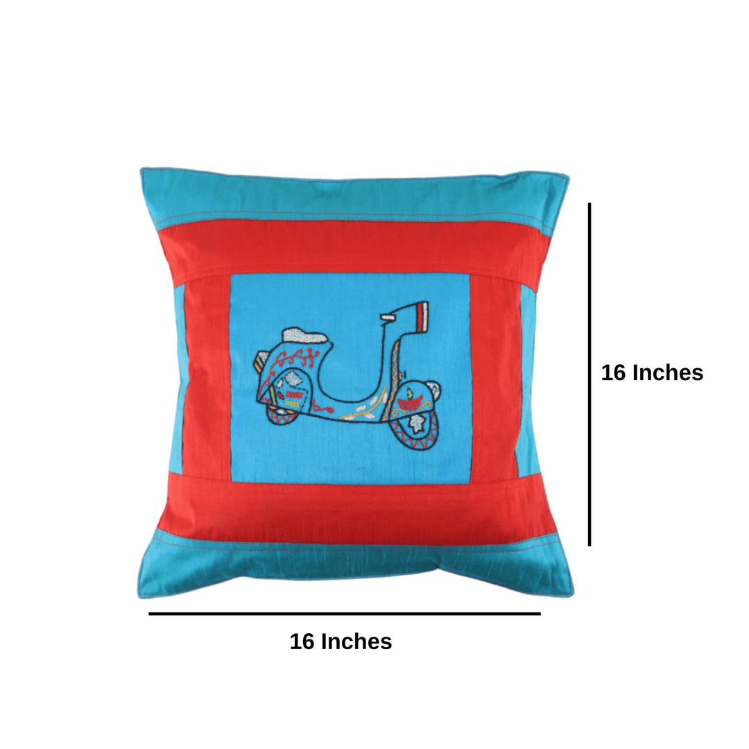 Indha Hand Embroidered Cushion Cover Scooter Embroidery | Dupion Silk Cushion Cover |  Corporate Gifting | Home Furnishing | Home Improvement | Home Decor | Set of 2,16x16 Inches Cushion Cover