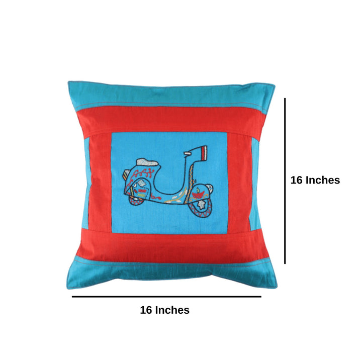 Indha Hand Embroidered Cushion Cover Scooter Embroidery | Dupion Silk Cushion Cover |  Corporate Gifting | Home Furnishing | Home Improvement | Home Decor | Set of 2,16x16 Inches Cushion Cover