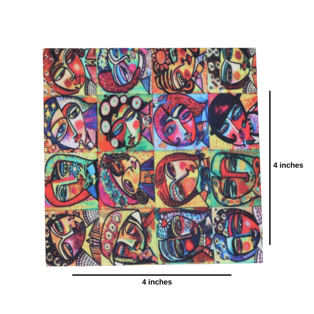 Indha Artistic Faces Coaster Set – Set of 6 Handcrafted Dupion Silk Coasters with Unique Face Prints, Perfect for Dining &amp; Décor