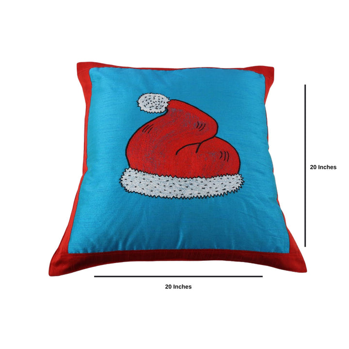INDHA Cushion Cover with Hand-embroidered Santa’s hat design | Sky Blue and Red Dupion Silk | 20.0 x 20.0 Inches Cushion Cover | Throw Cushion Cover | Home Furnishing |