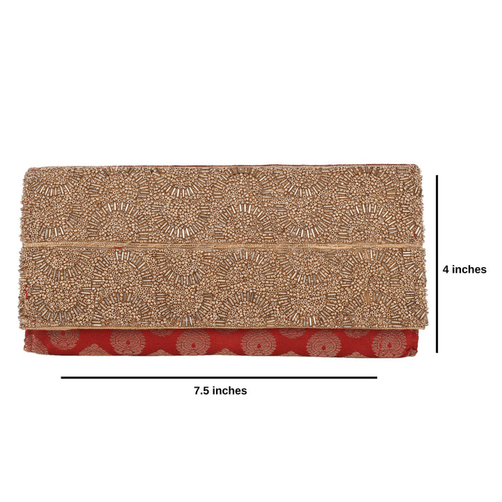 Indha Handcrafted Maroon Silk Brocade Clutch Purse| Hand Embroidered Pattern | Decorative Clutch Purse With Golden Glass Beads | Wedding Accessory | Gifting | Gifts For Her | Festive Purse | Clutch Purse|
