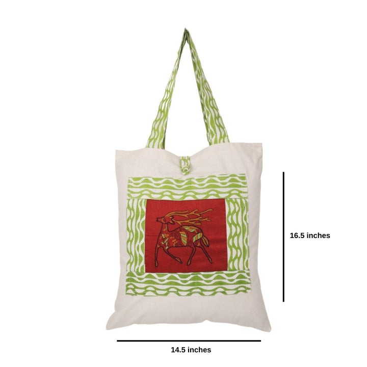 Indha Hand Embroidered Cotton Tote Bag Deer Motif with Block Print Detailing | Eco-Friendly Tote Bag | Handcrafted Cotton Bag | Stylish Everyday Bag | Artisanal Embroidery | Ethical Fashion | Sustainable Shopping Bag |