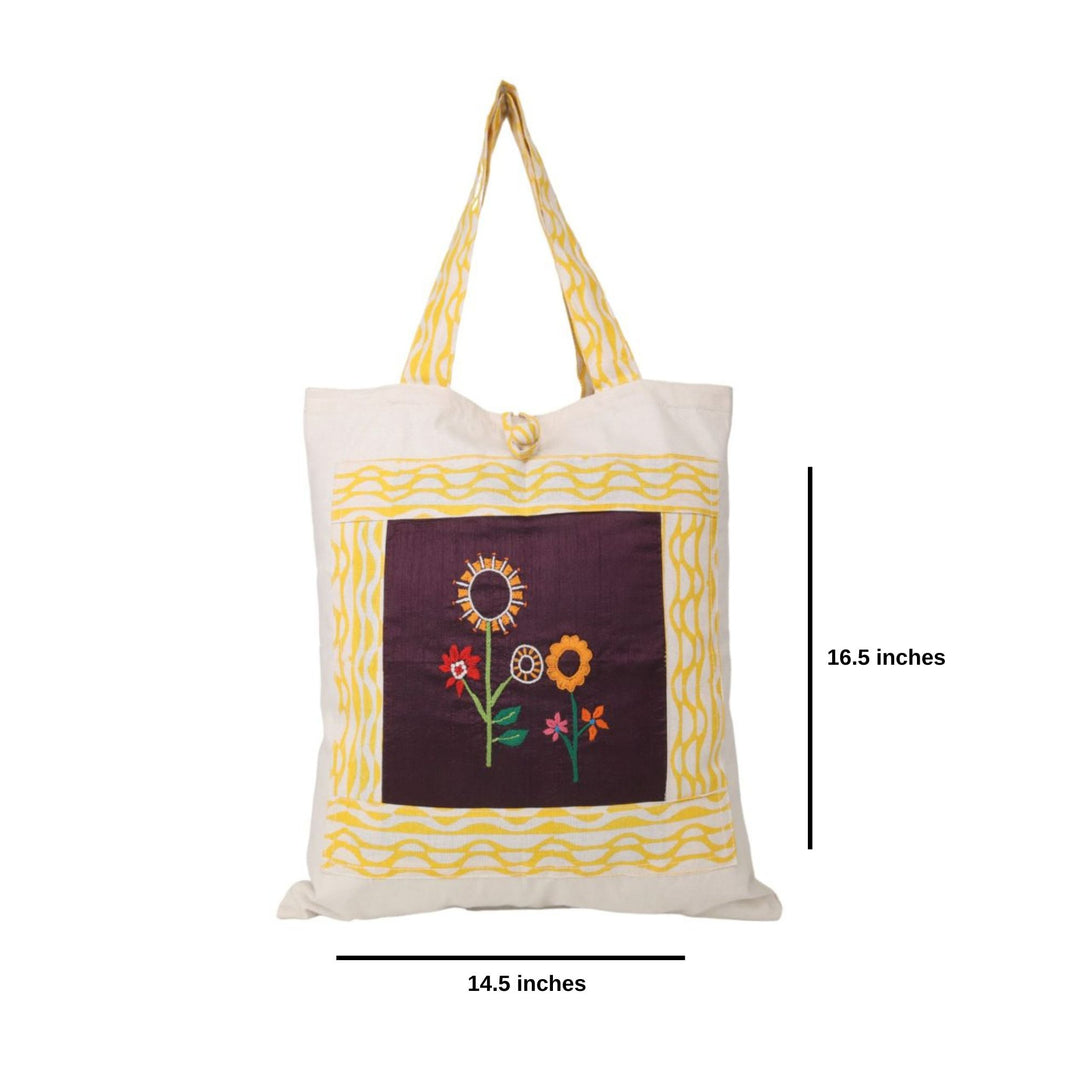 Indha Hand Embroidered Flower Motif Natural Cotton Tote Bag with Block Print Detailing
