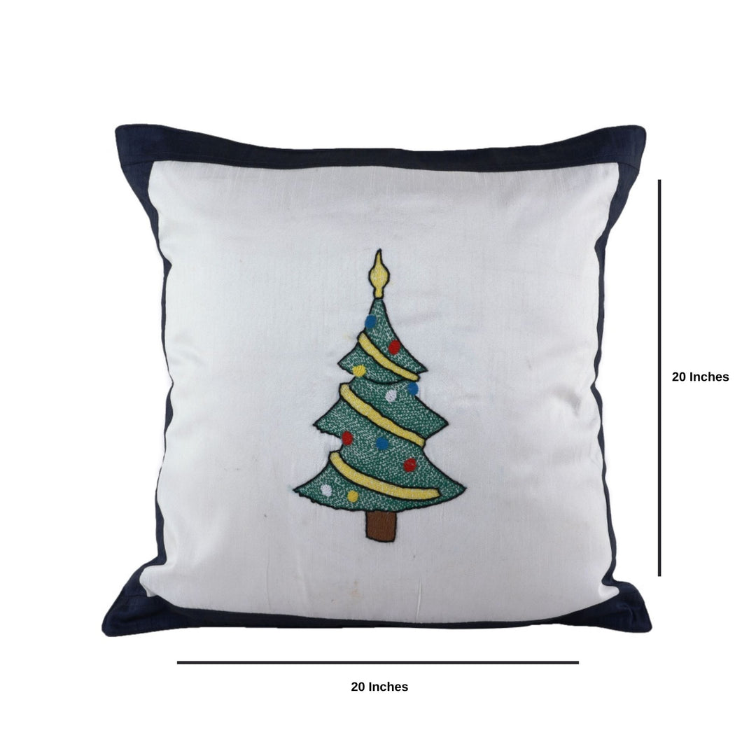 INDHA Cushion Cover with Hand-embroidered Christmas tree design | White And Blue Dupion Silk | 20.0 x 20.0 Inches Cushion Cover | Throw Cushion Cover | Home Furnishing |