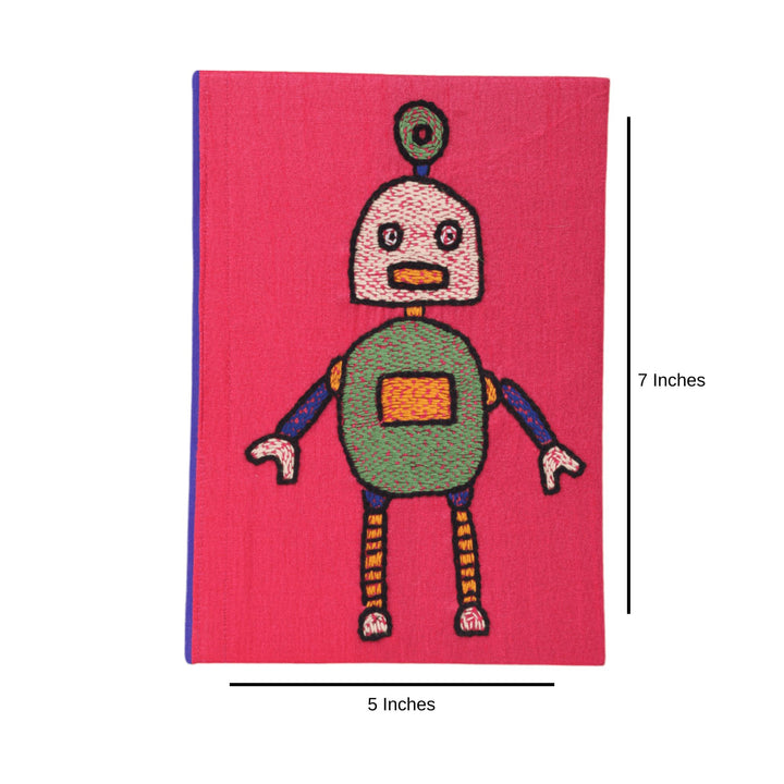 INDHA Handcrafted Recycle Paper Diary | Eco Friendly Diary | Gifting | Corporate Gifting| Handmade Diary | Robot Embroidery Diary | Pink Diary | Violet Silk Fabric |Birthday Gift|Children`s Diary