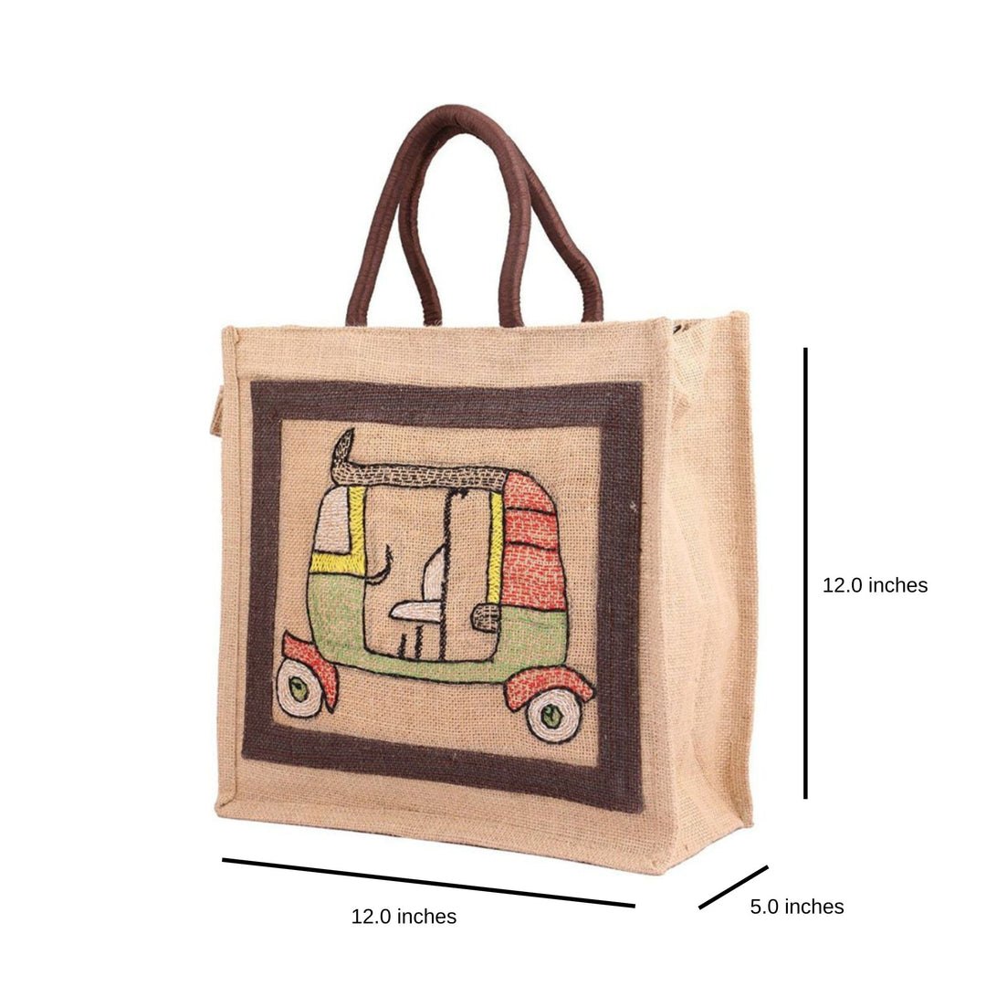 INDHA Hand Embroidered Auto Rickshaw Embroidery Jute Lunch Bag/ Gift Bag for Men/Women
