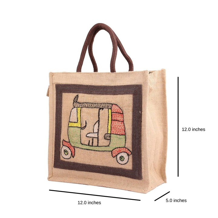 INDHA Hand Embroidered Auto Rickshaw Embroidery Jute Lunch Bag/ Gift Bag for Men/Women