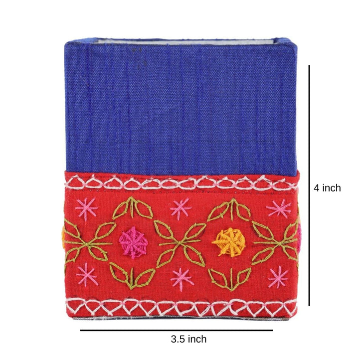 INDHA Chain Stitch Floral Design Pattern Hand Embroidered Blue &amp; Red Pen Stand | Dupion Silk Pen Stand | Cotton Pen Stand | Desk Organizer | Desk Utility | Corporate Gifting | Pen Holder | Handcrafted Pen Stand
