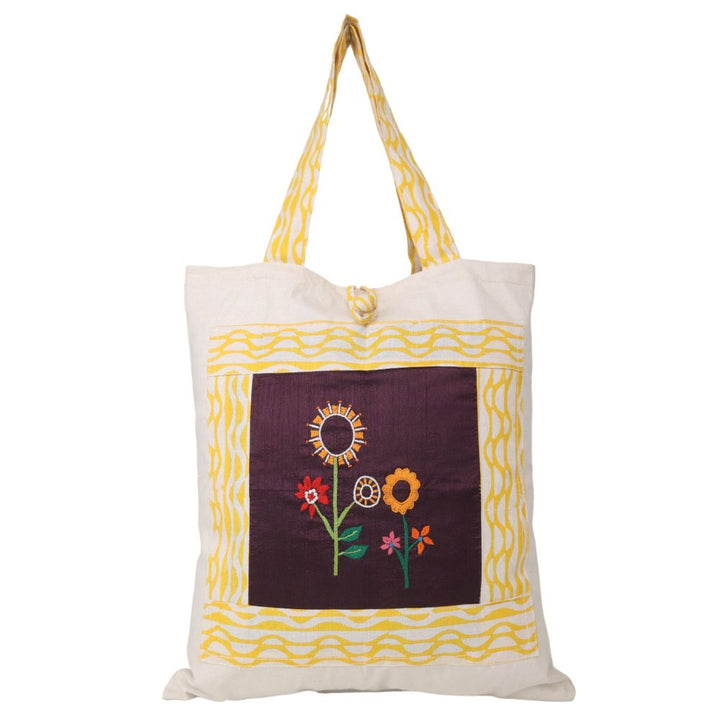 Indha Hand Embroidered Cotton Shopping Bag | Eco-Friendly Reusable Tote | Single Unit (14 x 16 in, Assorted Designs)