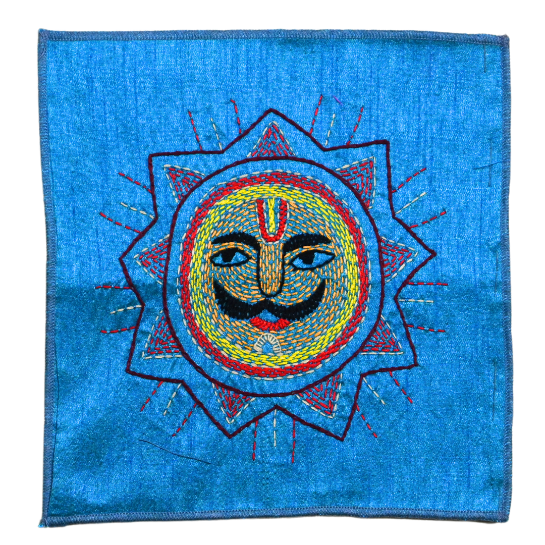 Indha Folk Sun Face Hand Embroidery Panel – Radiant Solar Motif on Dupion Silk | Ethnic Wall Decor | DIY &amp; Gift