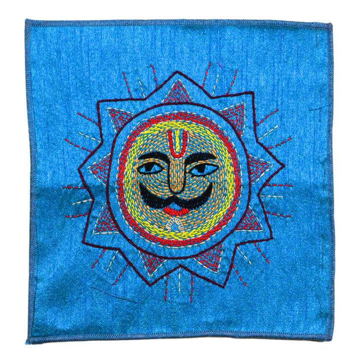 Indha Folk Sun Face Hand Embroidery Panel – Radiant Solar Motif on Dupion Silk | Ethnic Wall Decor | DIY &amp; Gift