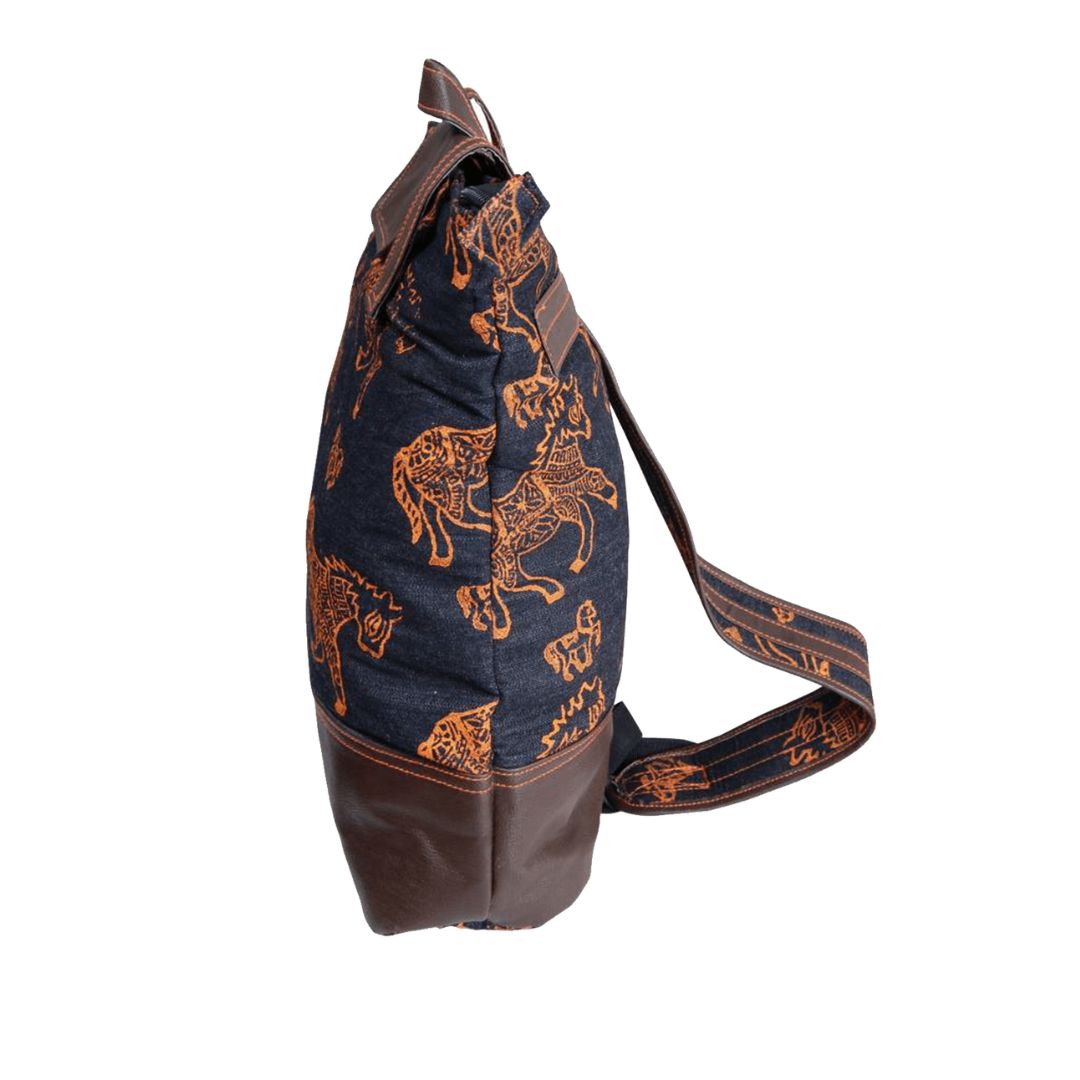 Denim Hand Block-Printed Backpack Bag for Girl's/Women's