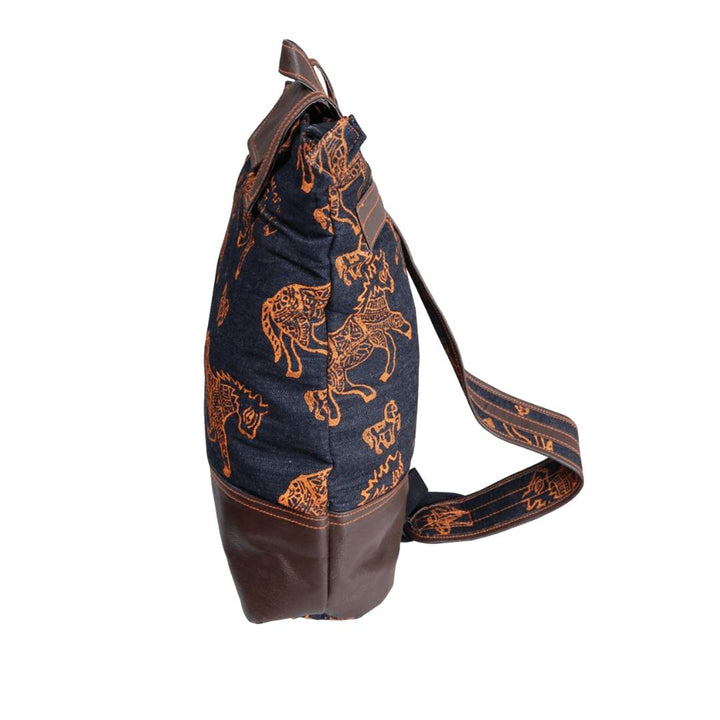 Denim Hand Block-Printed Backpack Bag for Girl's/Women's