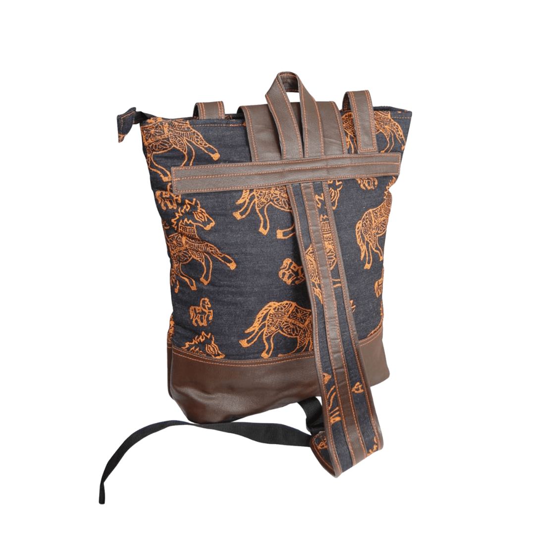 Denim Hand Block-Printed Backpack Bag for Girl's/Women's