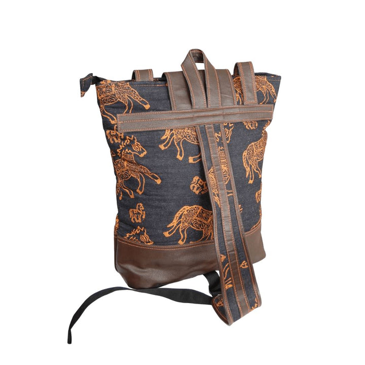 Denim Hand Block-Printed Backpack Bag for Girl's/Women's