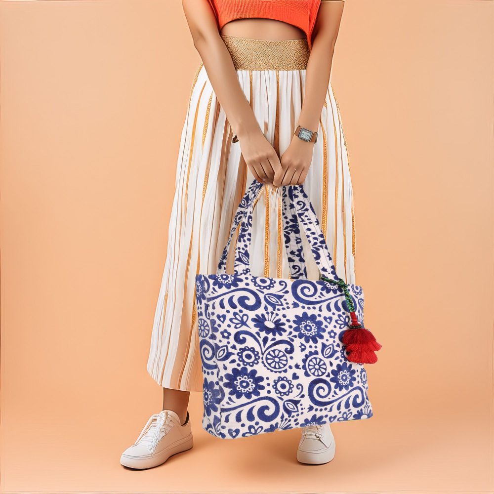 INDHA Hand Block Printed Floral Madley Prints Shoulder Bag for Women| White &amp; Blue Combination Sholder Bag