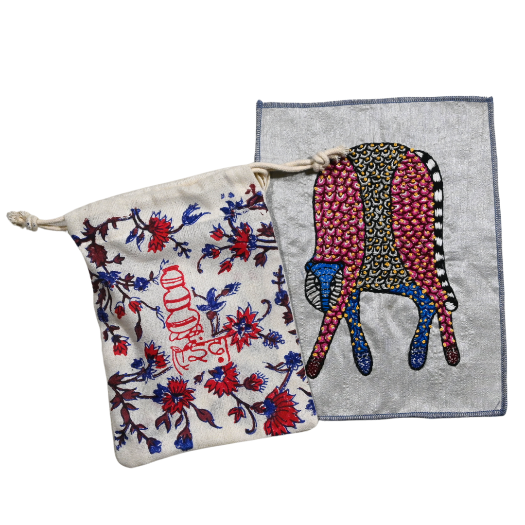 Gond Art Inspired Animal|Leopard Embroidery Panel – Tribal Folk Motif on Dupion Silk | Nature-Inspired Decor | DIY Art