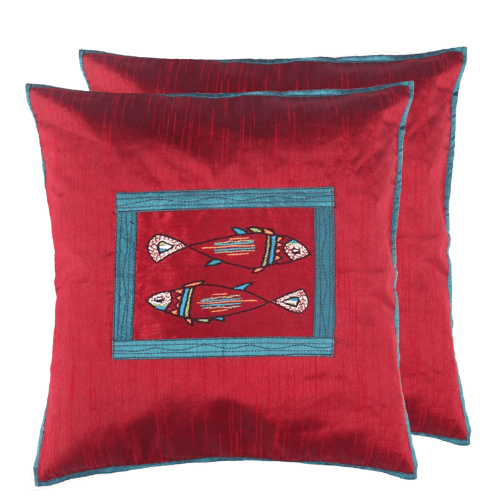 Maroon Colour Dupion Silk Fish Embroidered Cushion Covers Set of 2