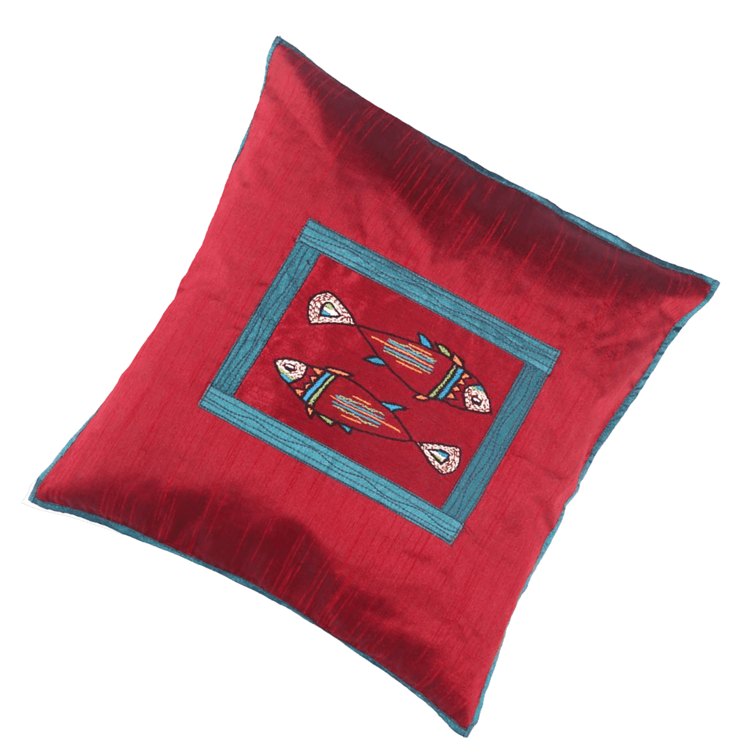 Maroon Colour Dupion Silk Fish Embroidered Cushion Covers Set of 2
