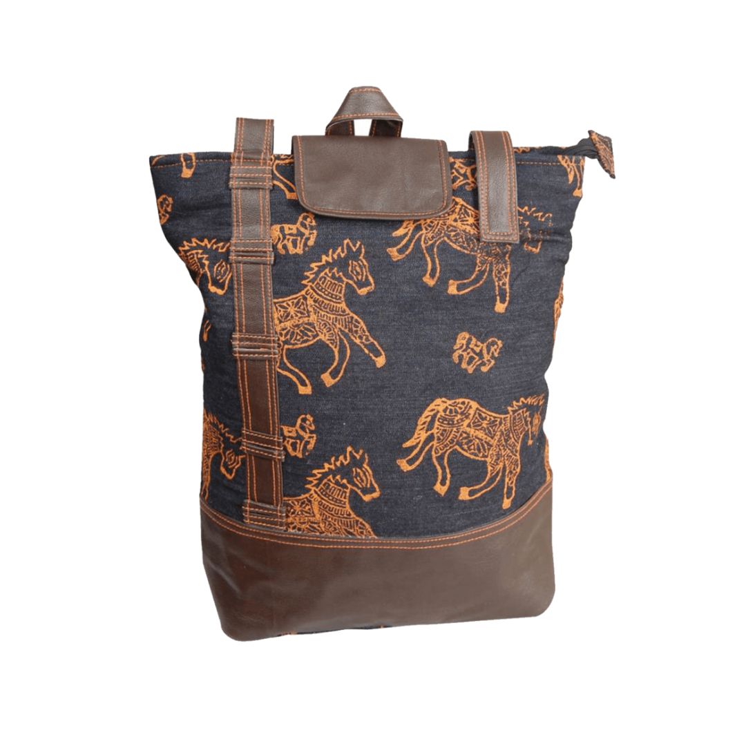 Denim Hand Block-Printed Backpack Bag for Girl's/Women's
