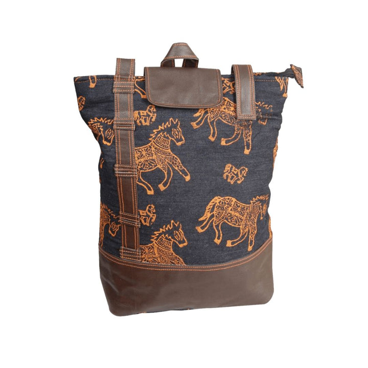 Denim Hand Block-Printed Backpack Bag for Girl's/Women's
